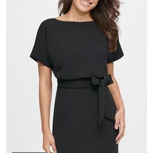 Kensie Black Blouson Faux Wrap Top Knee Length Dress Tie Waist Side Zip Size 8